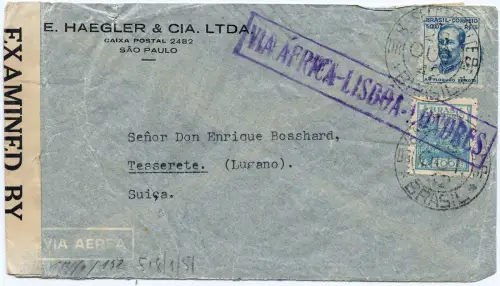 Brasilien 1942 Brief via Africa Lisboa Londres Lugano Schweiz Zensur OKW /1290