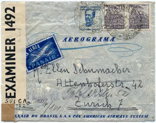 Brasilien 1942 Brief via Panair Zürich Schweiz US + OKW Zensur / 1291