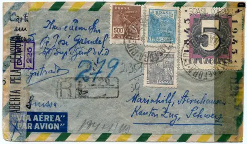 Brasilien 1944 Reko-Brief Juiz de Fora Mariahilf Schweiz Dreifach-Zensur / 1292