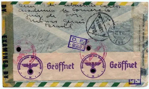 Brasilien 1944 Reko-Brief Juiz de Fora Mariahilf Schweiz Dreifach-Zensur / 1292
