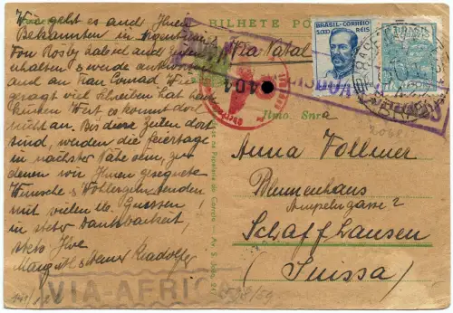 Brasilien 1942 Karte Natal via Africa Lisboa Londres Schweiz Zensur OKW / 1293