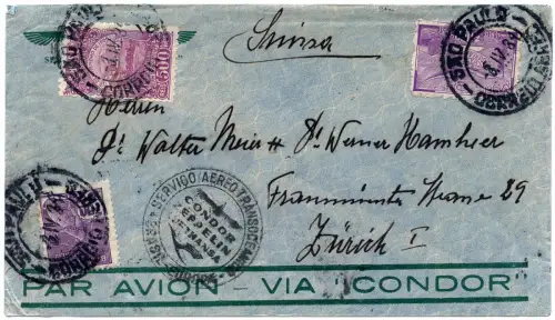 Katapult 1934 Brasilien Brief Sao Paulo Zürich Schweiz H 309 Catapult / 1296