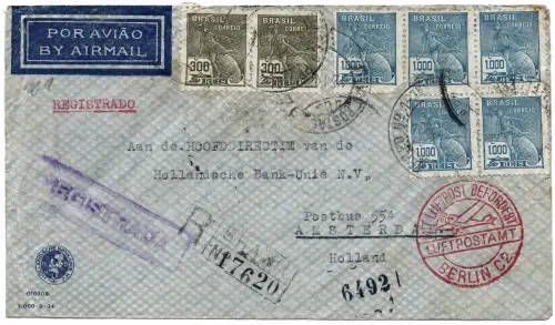 Katapult 1934 Brasilien Reko-Brief Rio Amsterdam Holland H 325 Catapult / 1299