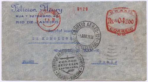 Katapult 1936 Brasilien Rio Paris Frankreich Freistempel H 452 Catapult/ 1303