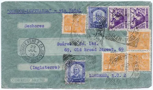 Katapult 1939 Brasilien Belem Natal London Brief H 389 Catapult/ 1301