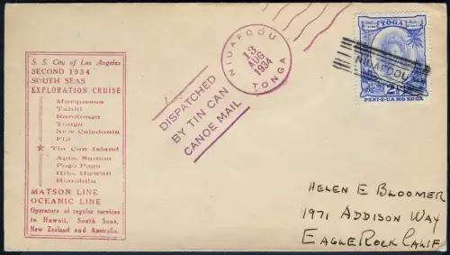 Tonga 1934 Tin Can Mail Blechdosenpost Brief City of LA Niuafo`ou USA / 1038