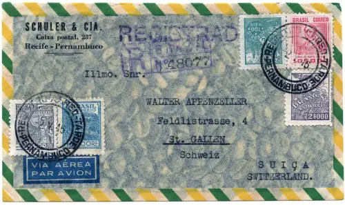 Brasilien 1946 Reko-Flugpostbrief Recife Pernambuco St. Gallen Schweiz / 1307