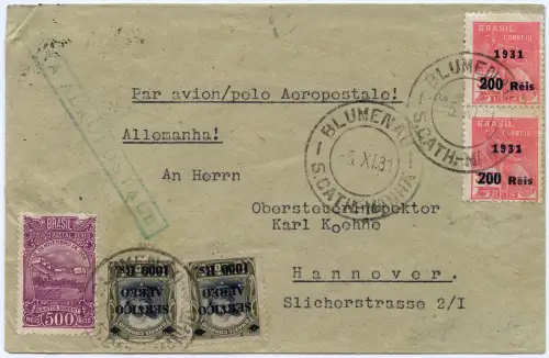 Brasilien 1931 Flugpostbrief Aeropostale Blumenau Florianopolis Hannover / 1314