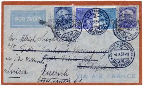Brasilien 1934 Flugpostbrief Air France Porto Alegre Schweiz Fraumünster / 1316