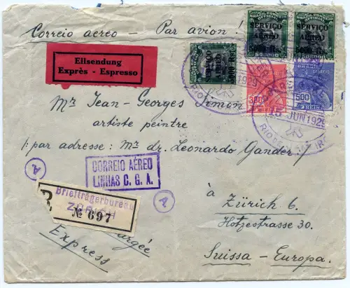 Brasilien 1929 Flugpostbrief Reko Express Linhas CGA Rio Zürich Schweiz / 1317