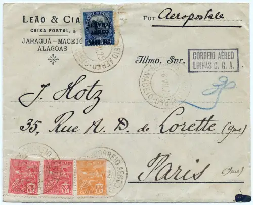 Brasilien 1928 Flugpostbrief Linhas CGA Jaragua Maceio Paris Frankreich / 1319
