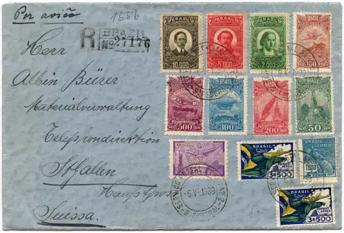 Brasilien 1939 Reko-Flugpostbrief Hohe MiF 30050 R Rio St. Gallen Schweiz/ 1320