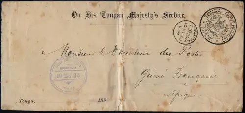 Tonga 1895 OHTMS Official Cover Nukualofa Auckland Calais Französisch Guinea/707