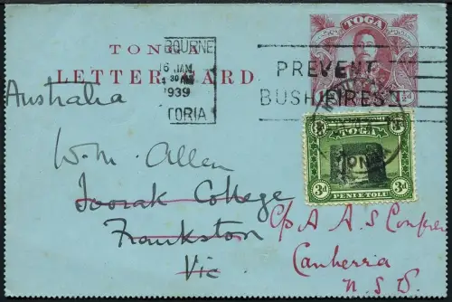 Tonga 1912 Kartenbrief mit ZuF aus Nuku`alofa 1939 Australien Nachsendung / 706