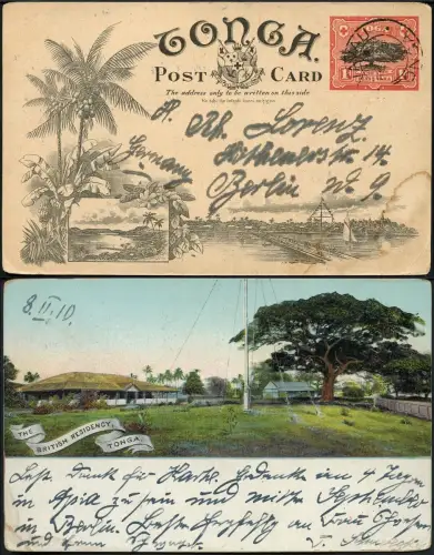 Tonga 1906 Bildpostkarte in Farbe Ganzsache Residenz Vavau 8.2.1910 Berlin / 705