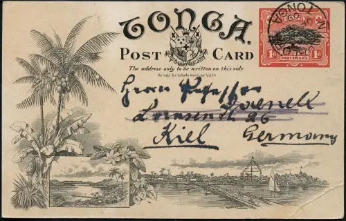 Tonga 1906 Bildpostkarte in Farbe Ganzsache Haamonga Tor 4.6.1909 Kiel / 823