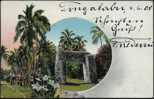 Tonga 1906 Bildpostkarte in Farbe Ganzsache Haamonga Tor 4.6.1909 Kiel / 823