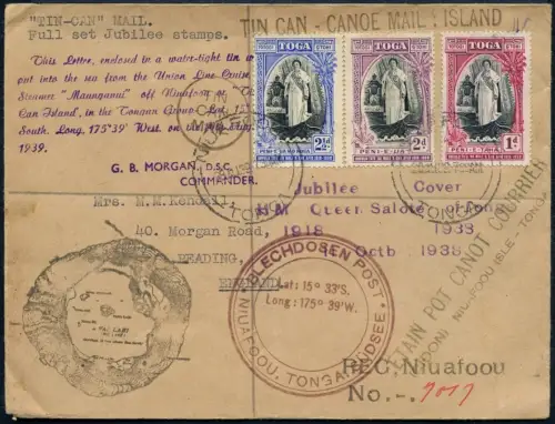 Tonga 1939 Tin Can Mail Blechdosenpost Reko-Brief Königin Salote England / 1037