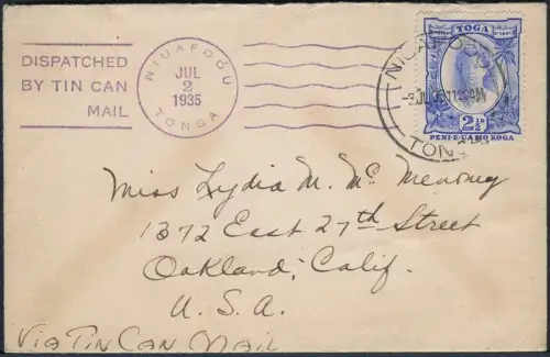Tonga 1935 Tin Can Mail Blechdosenpost Brief Niuafo`ou Oakland USA / 693