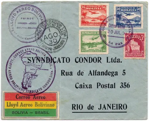 Bolivien 1930 FFC Erstflugbrief LAB La Paz Rio de Janeiro Brasilien / 1323