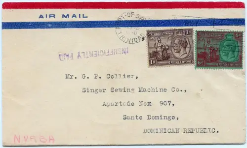 Trinidad 1930 FFC Erstflugbrief Nyrba Port of Spain Santo Domingo / 1325