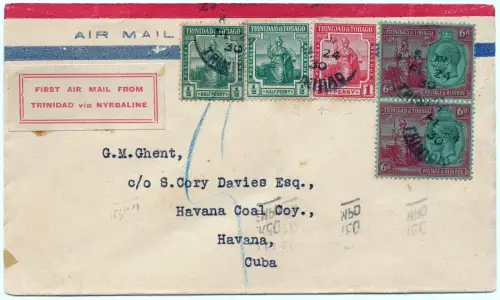 Trinidad 1930 FFC Erstflugbrief Nyrba Port of Spain Hawana Kuhbah / 1326