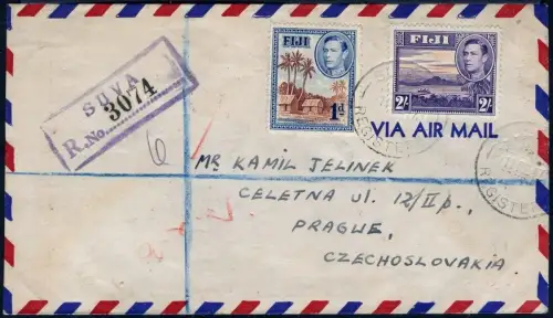 Fidschi Fiji 1947 Reko-Brief Vulkan Volcano Suva Prag Tschechoslowakei / 800