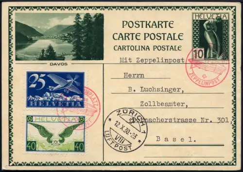 Zeppelin 1930 Schweiz Landungsfahrt Bern Basel Ganzsache Zürich Si 95 / 2512