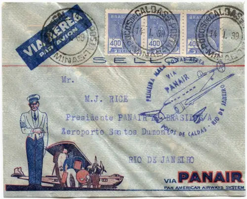 Brasilien 1939 First Flight Erstflug Panair Pocos de Caldas Rio de Janeiro/ 1332