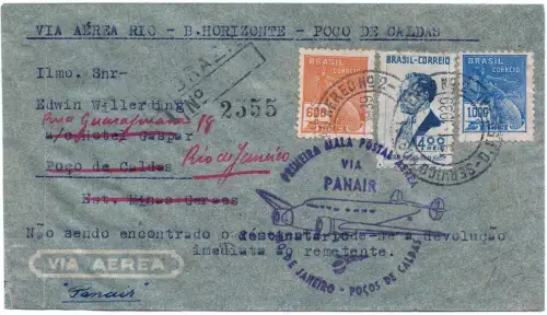Brasilien 1939 FFC Reko-Erstflugbrief Panair Rio - Pocos de Caldas / 1333