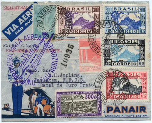 Brasilien 1937 FFC Reko-Erstflugbrief Panair Rio de Janeiro Belo Horizonte/ 1334