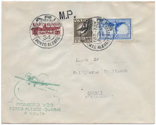 Brasilien 1934 FFC Erstflugbrief Varig Porto Alegre - Quarai / 1336