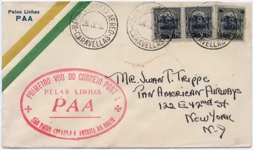 Brasilien 1930 First Flight Erstflug FFC Sao Paulo Caravellas New York USA/ 1337