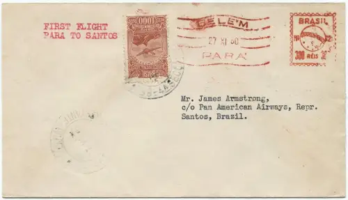 Brasilien 1930 First Flight Erstflug FFC PAA Para Belem Santos Brief / 1340