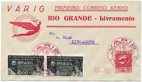 Brasilien 1932 First Flight Erstflug FFC VARIG Rio Grande Livramento Brief/ 1344