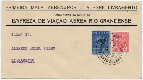 Brasilien 1932 First Flight Erstflug Varig Porto Alegre - Livramento / 1345