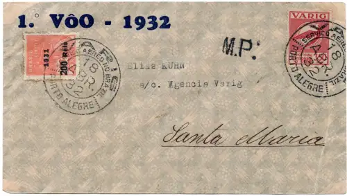 Brasilien 1932 First Flight Erstflug Varig Porto Alegre - Santa Maria Brief/1347