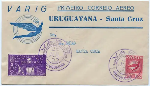 Brasilien 1932 First Flight Erstflug Varig Uruguayana - Santa Cruz Brief / 1349