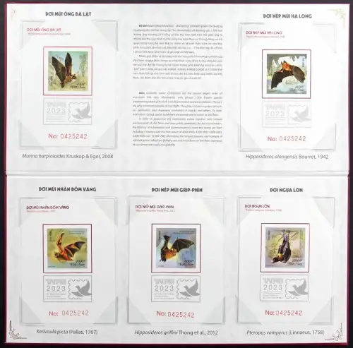 Vietnam 2023 Fledermäuse Bats Deluxe-Blocks 217-221 Auflage 425 im Folder MNH