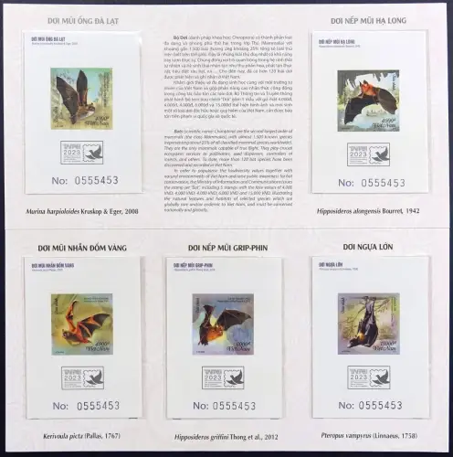 Vietnam 2023 Fledermäuse Bats Deluxe-Blocks 212-216 Auflage 555 im Folder MNH