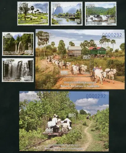 Kambodscha Cambodia 2021 Naturparadiese Wasserfall Bäume Tiere Satz + Blocks MNH