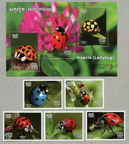 Kambodscha 2023 Käfer Insekten Beetles Ladybug Insects Satz + Block MNH