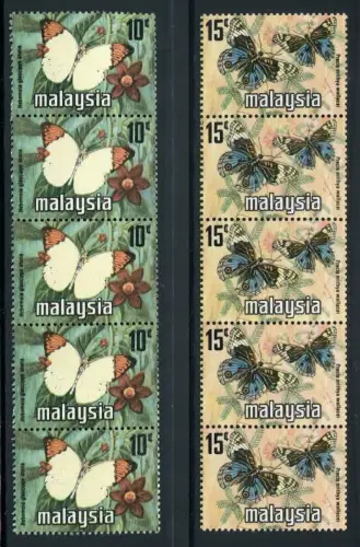 Malaysia 1976 Schmetterlinge Butterflies 5er-Streifen Coil Strips 143-44 MNH