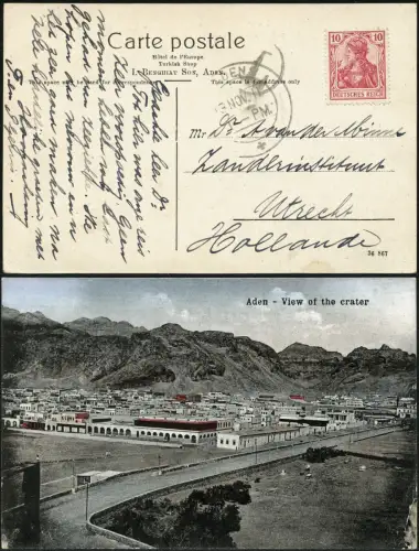 Aden 1911 Schiffspost nach Holland unzulässige Frankatur Dt. Reich Taxe / 126