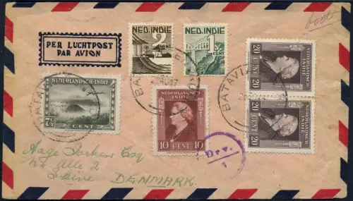 Niederländisch-Indien 1947 Brief Luftpost MiF Vulkan Volcano Skive Dänemark/ 809