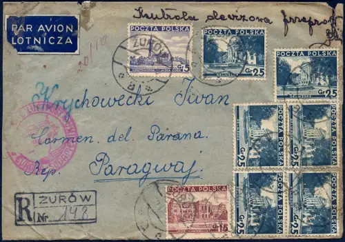 Katapult 1938 Polen Reko-Brief Zurow Carmen del Parana Catapult H 686 / 1366