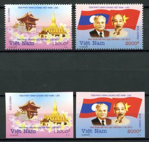 Vietnam 2012 Dipl. Beziehungen Laos Flagge Tempel Flags Gezähnt Ungezähnt MNH