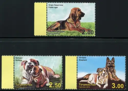 Tadschikistan Tajikistan 2014 Hunde Bulldogge Schäferhund Bracke 677-679 A MNH
