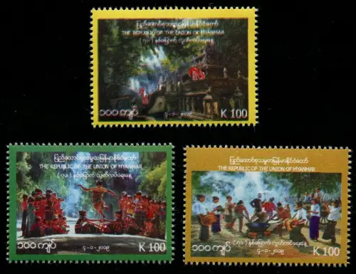 Myanmar Burma 2019 Unabhängigkeit Folklore Trachten Musik Tempel 463-465 MNH