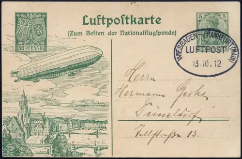 Zeppelin 1912 Dt. Reich Wiesbaden FFM 13.10.12 Ganzsache LP 1 Si 16 Ad / 2512